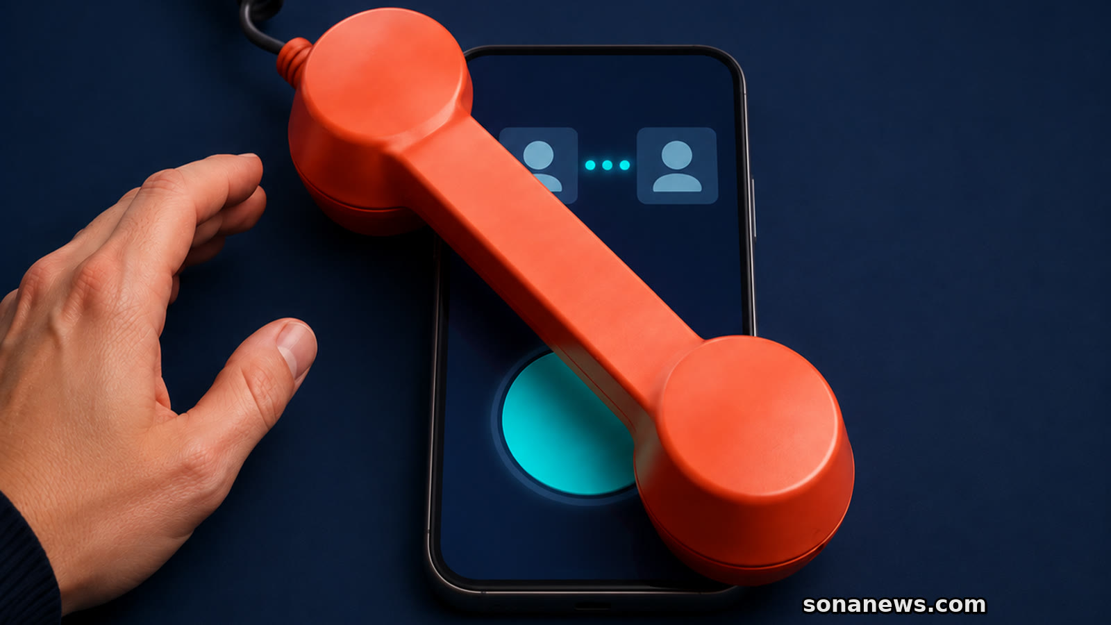 Un combiné corail bloque une validation de virement sur un smartphone abstrait tandis qu’une main s’écarte.