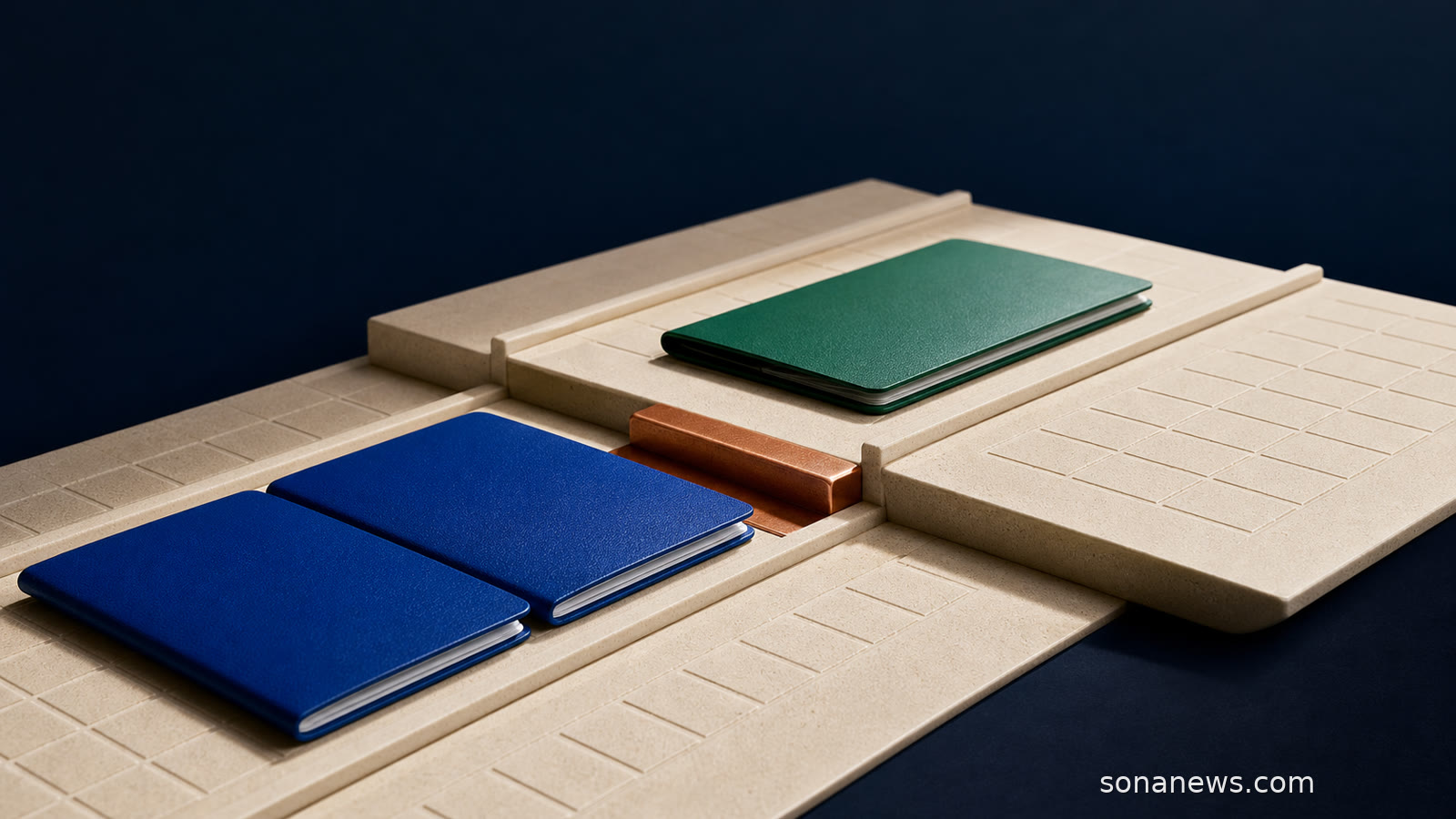 Deux livrets bleus franchissent un palier face à un livret vert plus haut, sur un calendrier abstrait divisé en quinzaines.