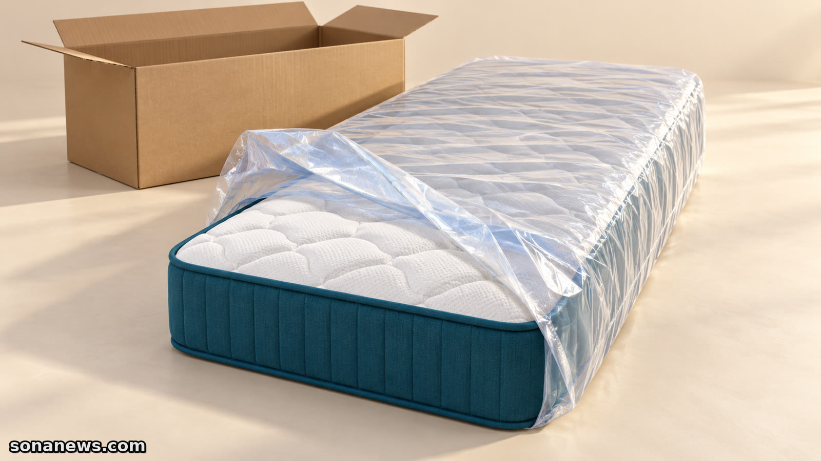 Illustration d’un matelas blanc partiellement déballé, avec son film plastique transparent replié et un carton ouvert à proximité.