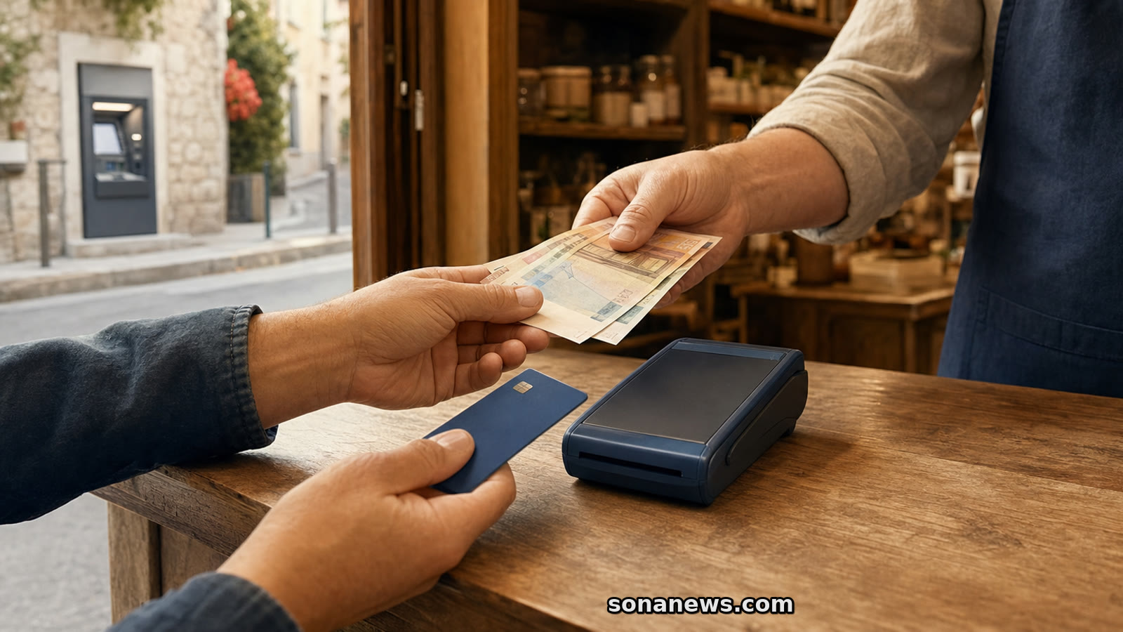 Un client retire des espèces au comptoir d’un commerce, tandis qu’un DAB reste visible dans la rue.