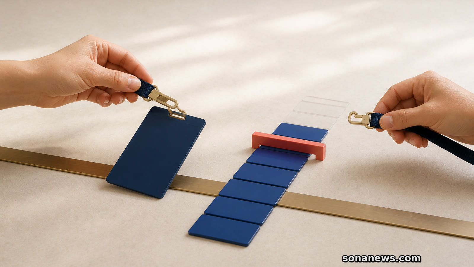 Deux mains séparent un badge professionnel devant une rangée de cases bleues arrêtée par une butée corail.