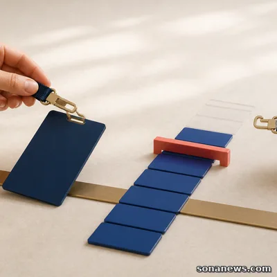 Deux mains séparent un badge professionnel devant une rangée de cases bleues arrêtée par une butée corail.