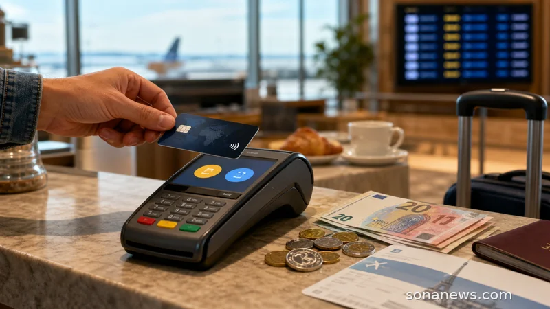Carte bancaire au-dessus d’un terminal de paiement affichant un choix de devise, avec euros, pièces étrangères, passeport et bagage de voyage en arrière-plan.