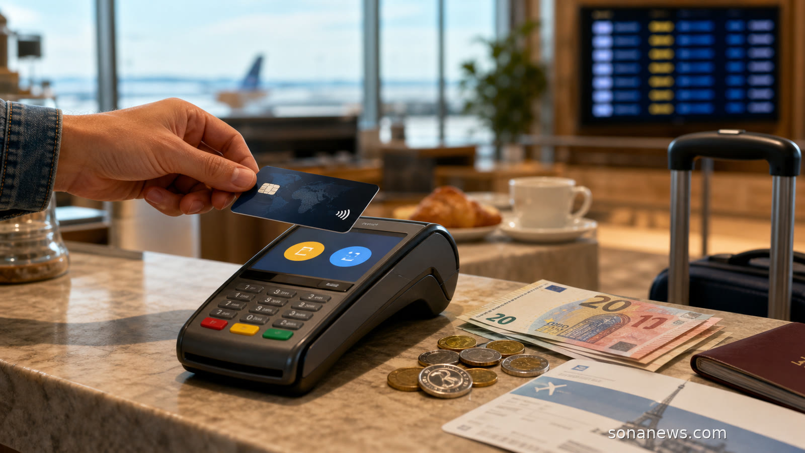 Carte bancaire au-dessus d’un terminal de paiement affichant un choix de devise, avec euros, pièces étrangères, passeport et bagage de voyage en arrière-plan.