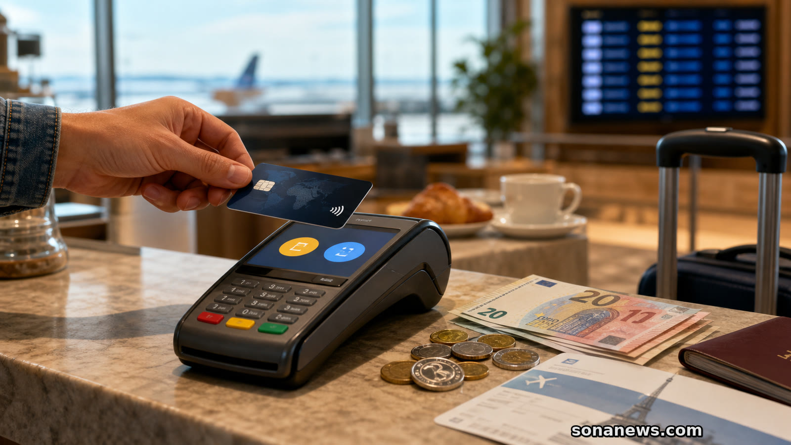 Carte bancaire au-dessus d’un terminal de paiement affichant un choix de devise, avec euros, pièces étrangères, passeport et bagage de voyage en arrière-plan.