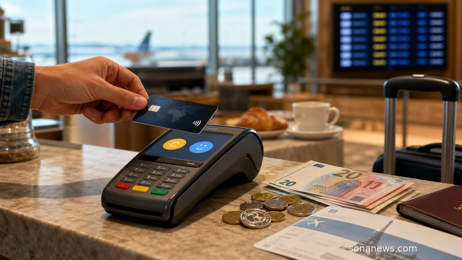 Carte bancaire au-dessus d’un terminal de paiement affichant un choix de devise, avec euros, pièces étrangères, passeport et bagage de voyage en arrière-plan.