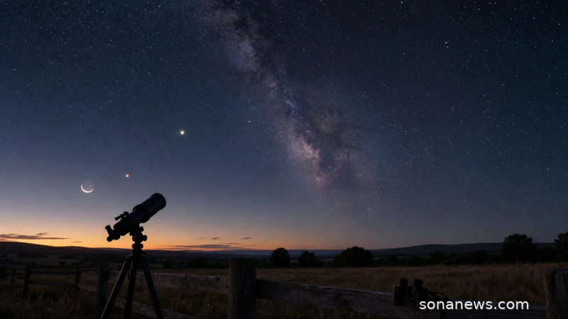 Croissant de Lune, point rouge de Mars, Saturne basse et Voie lactée au-dessus d’un horizon rural sombre, avec jumelles et petit télescope au premier plan.