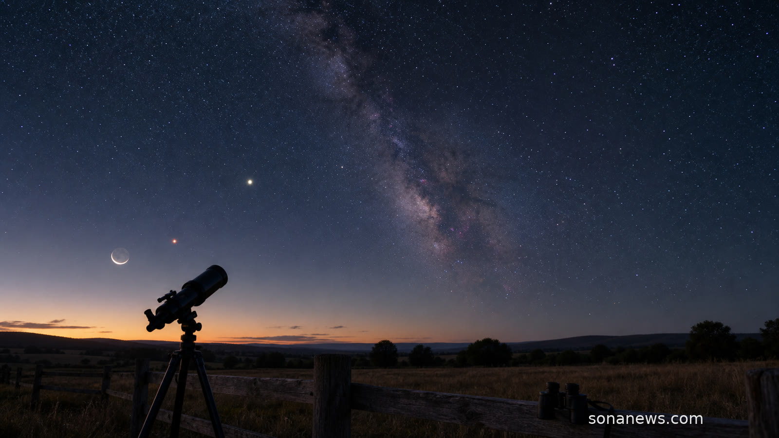 Croissant de Lune, point rouge de Mars, Saturne basse et Voie lactée au-dessus d’un horizon rural sombre, avec jumelles et petit télescope au premier plan.