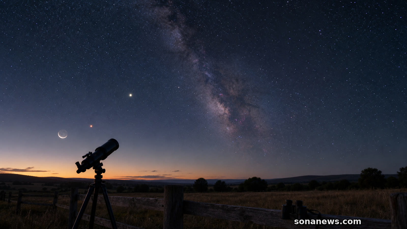 Croissant de Lune, point rouge de Mars, Saturne basse et Voie lactée au-dessus d’un horizon rural sombre, avec jumelles et petit télescope au premier plan.