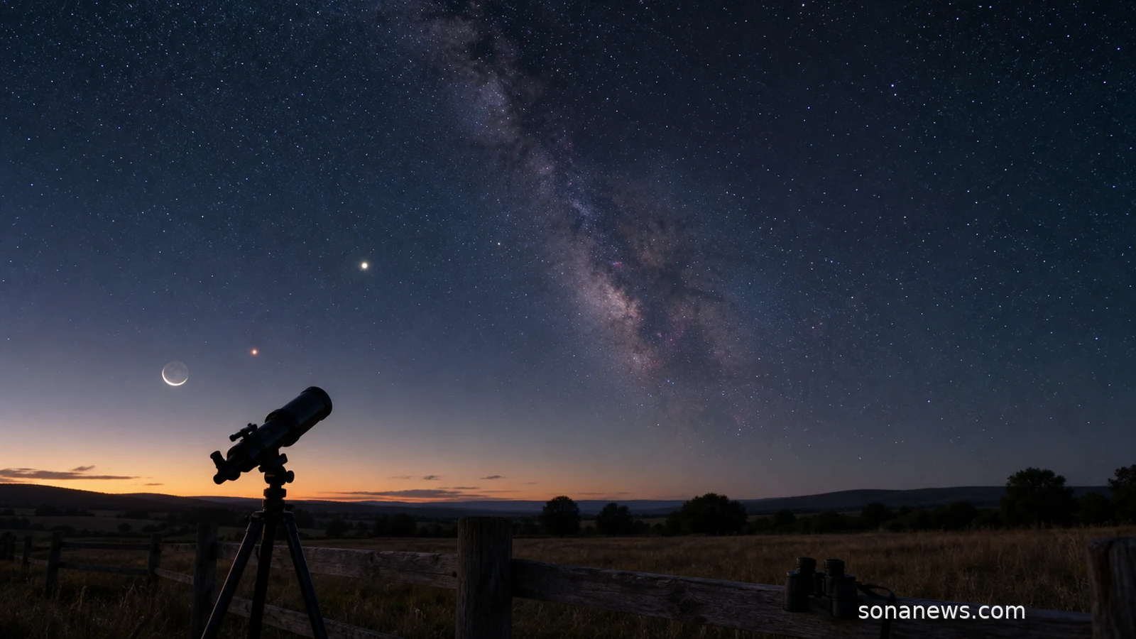 Croissant de Lune, point rouge de Mars, Saturne basse et Voie lactée au-dessus d’un horizon rural sombre, avec jumelles et petit télescope au premier plan.