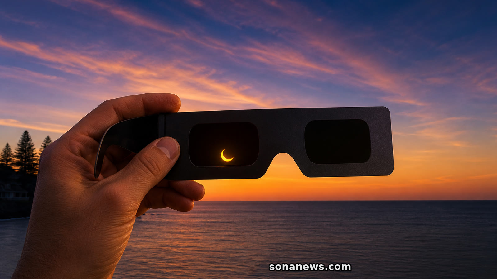 Une main cadre un croissant d’éclipse très bas sur l’horizon marin à travers un filtre solaire.