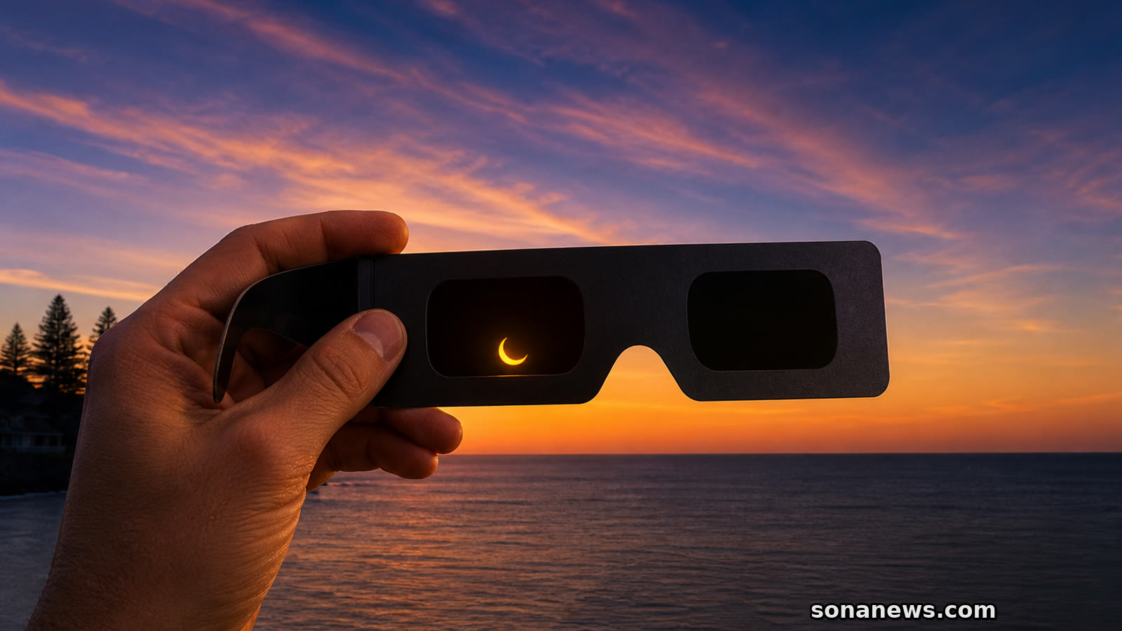 Une main cadre un croissant d’éclipse très bas sur l’horizon marin à travers un filtre solaire.