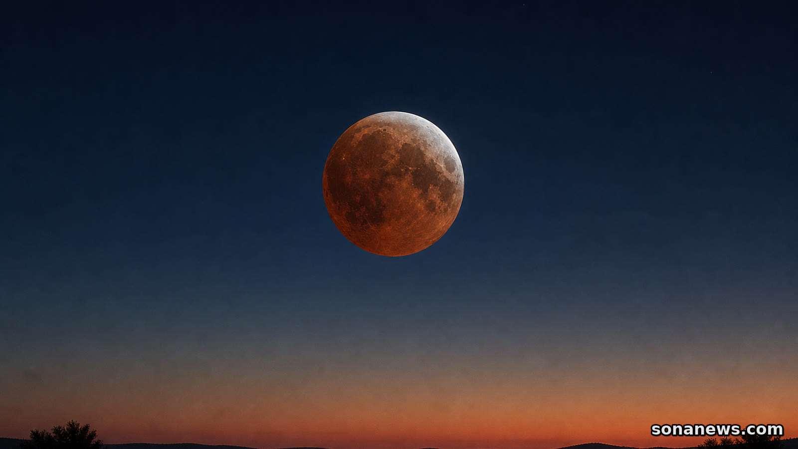 Lune partiellement éclipsée, cuivrée et coiffée d’un liseré clair, basse au-dessus de l’horizon ouest avant l’aube.