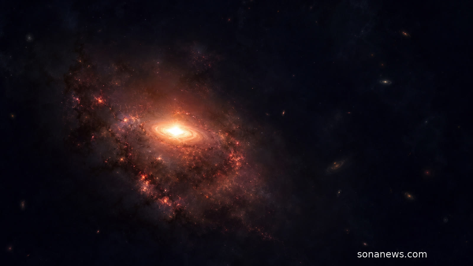 Vue d’artiste d’un quasar ancien: un noyau blanc et or très lumineux dans une jeune galaxie rouge et poussiéreuse, sur fond d’Univers sombre.