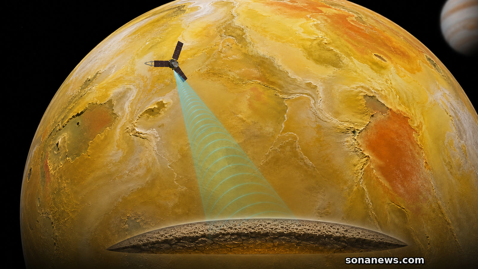 Une coupe illustrée d’Io montre une couche chaude sous sa surface soufrée, sondée par les micro-ondes de Juno.