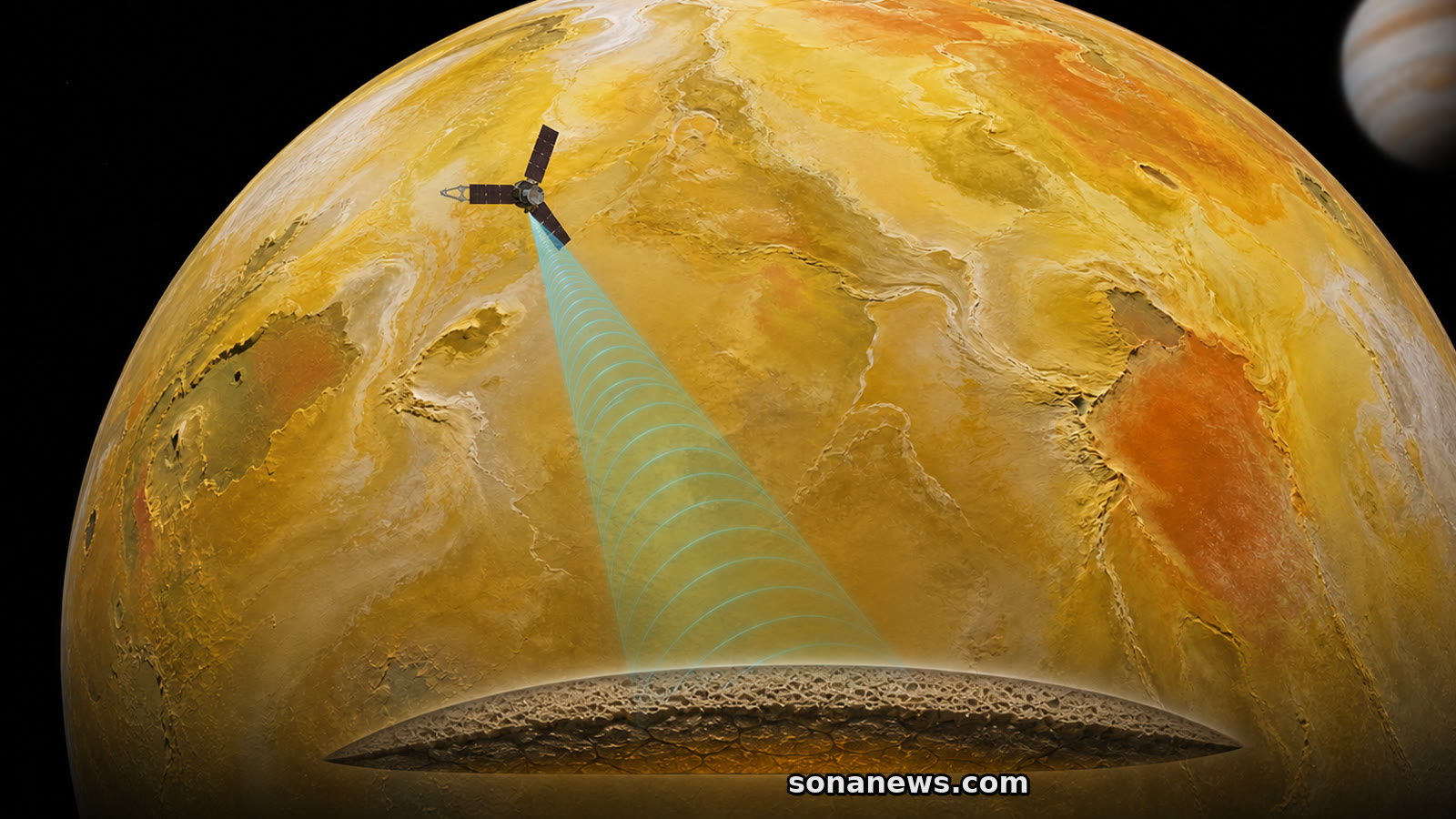 Une coupe illustrée d’Io montre une couche chaude sous sa surface soufrée, sondée par les micro-ondes de Juno.