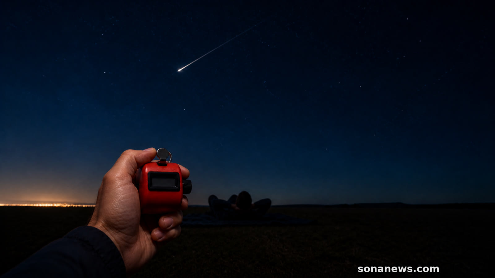 Une main tient un compteur rouge sous un météore, devant une personne allongée qui observe un ciel sombre.