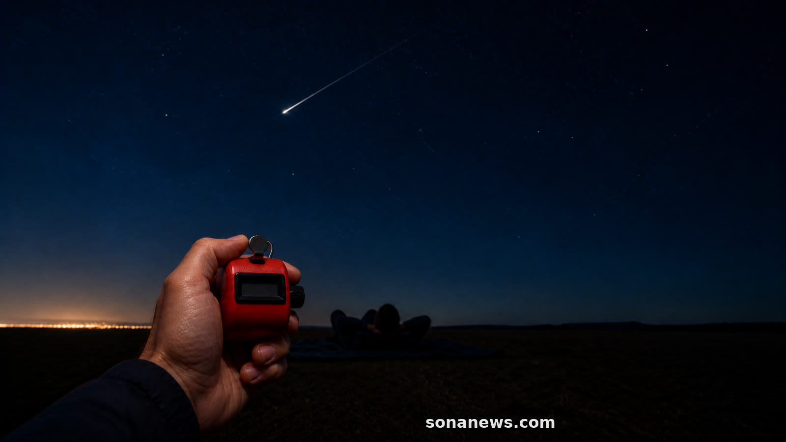 Une main tient un compteur rouge sous un météore, devant une personne allongée qui observe un ciel sombre.