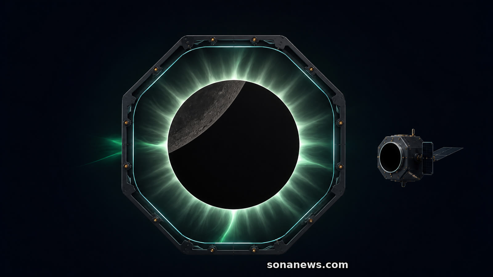 Un limbe lunaire texturé recouvre le disque occulteur noir de Proba-3 devant une couronne solaire vert pâle.