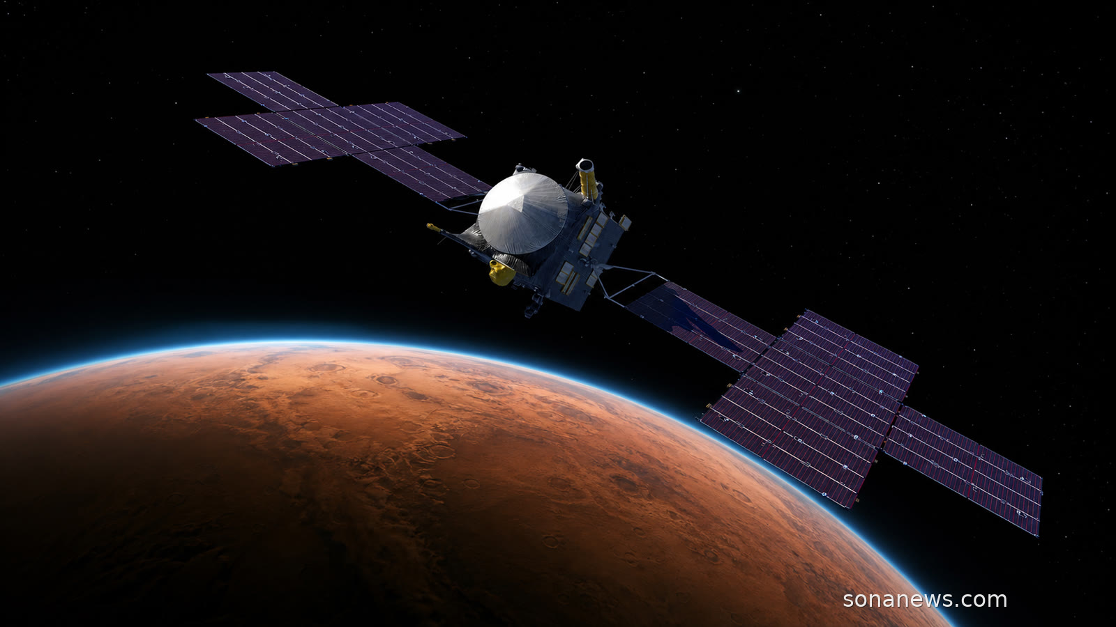 La sonde Psyche passe au-dessus du limbe orangé de Mars, avec sa grande antenne et ses panneaux solaires cruciformes.