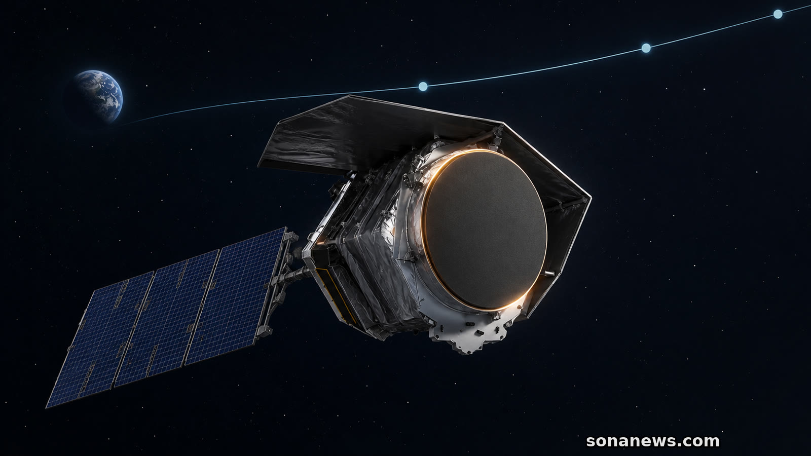 Le télescope Roman illustré avec son capot optique fermé, un panneau solaire déployé et la Terre au loin.