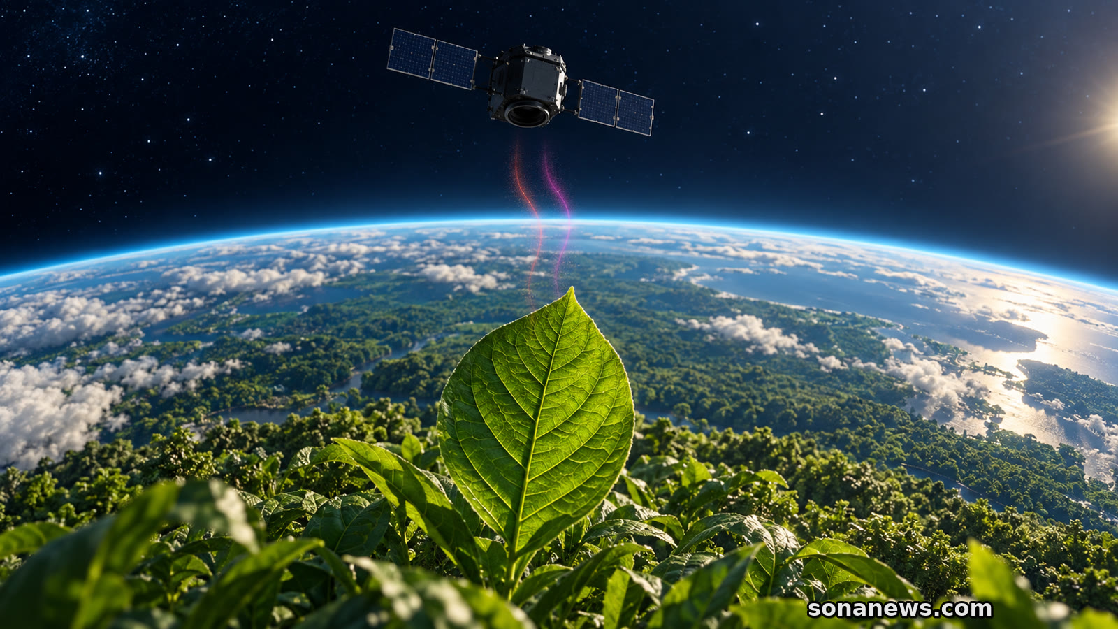 Une feuille émet un faible signal rouge vers un instrument orbital illustré au-dessus de la Terre.