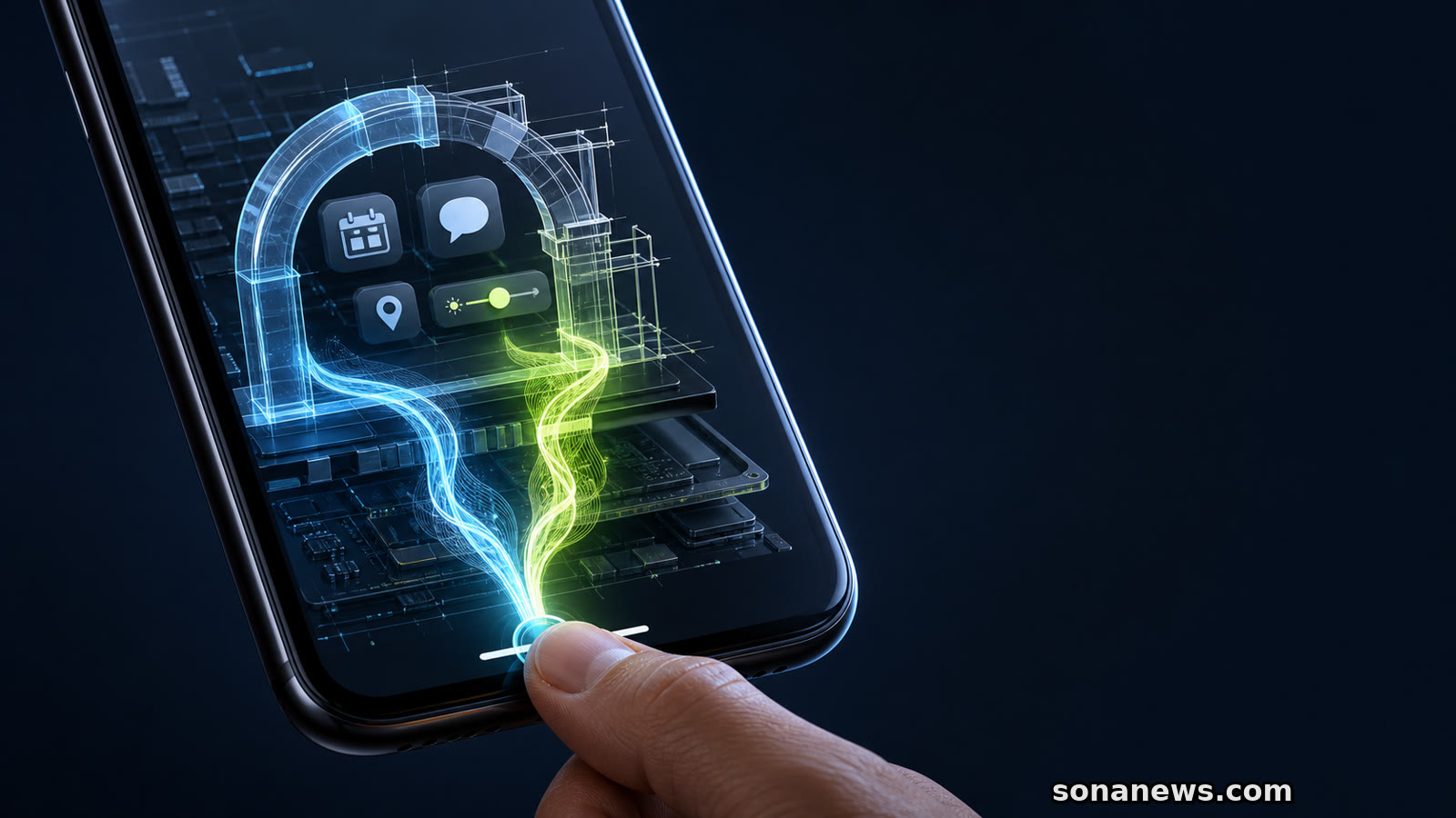 Deux flux d’assistants IA franchissent une passerelle en construction dans un smartphone Android conceptuel, activée par une pression sur la navigation.