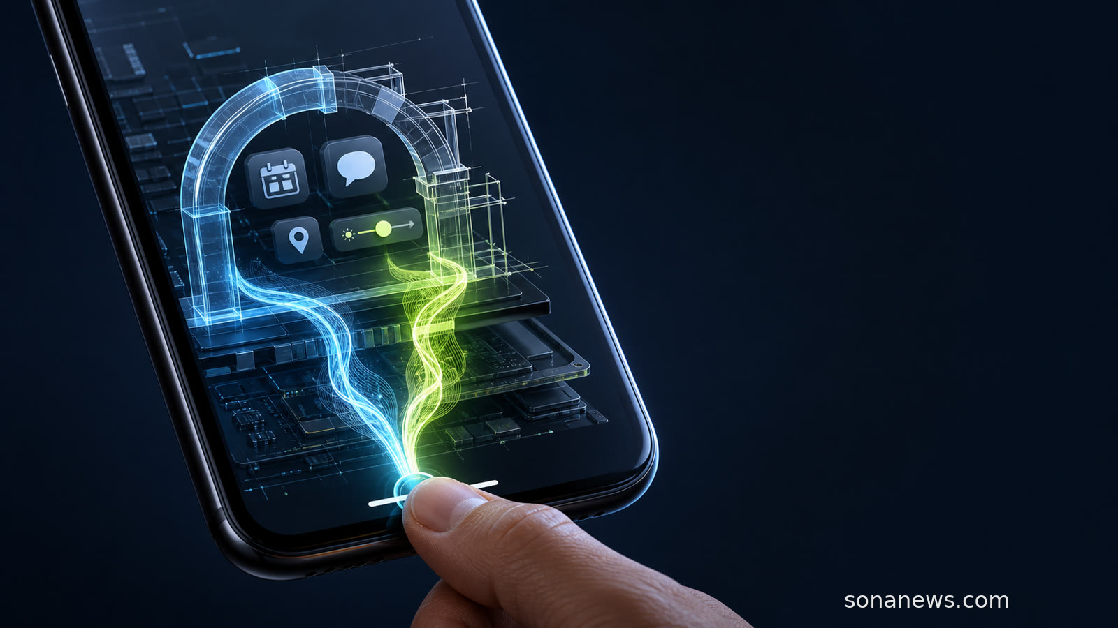 Deux flux d’assistants IA franchissent une passerelle en construction dans un smartphone Android conceptuel, activée par une pression sur la navigation.