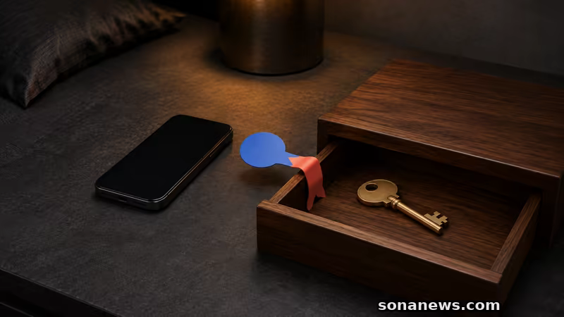 Un téléphone sans marque relie une bulle bleue à un tiroir ouvert contenant une clé sans traceur.