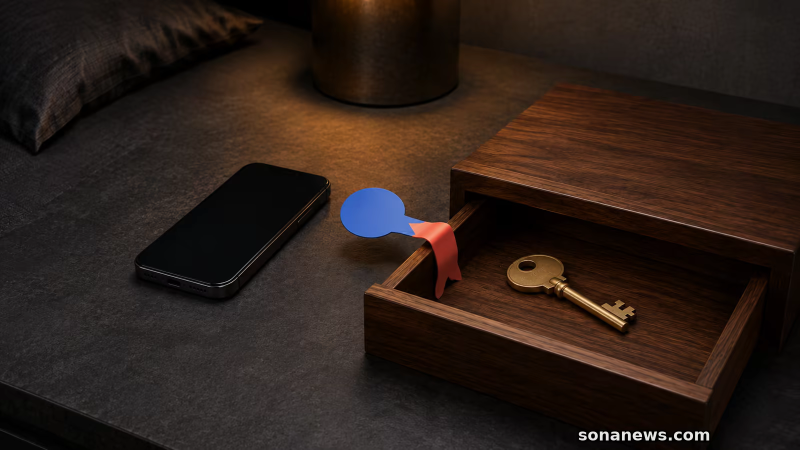 Un téléphone sans marque relie une bulle bleue à un tiroir ouvert contenant une clé sans traceur.