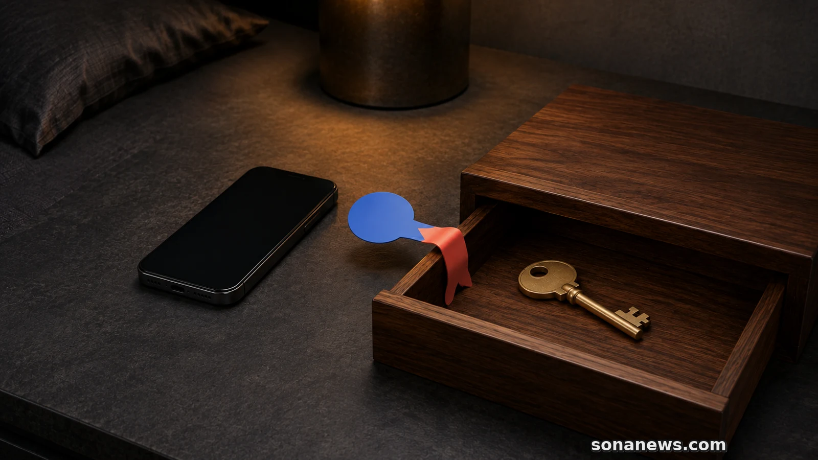 Un téléphone sans marque relie une bulle bleue à un tiroir ouvert contenant une clé sans traceur.