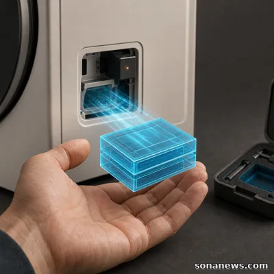 Une main extrait un bloc de données lumineux d’un lave-linge connecté, près d’une trousse de réparation ouverte.