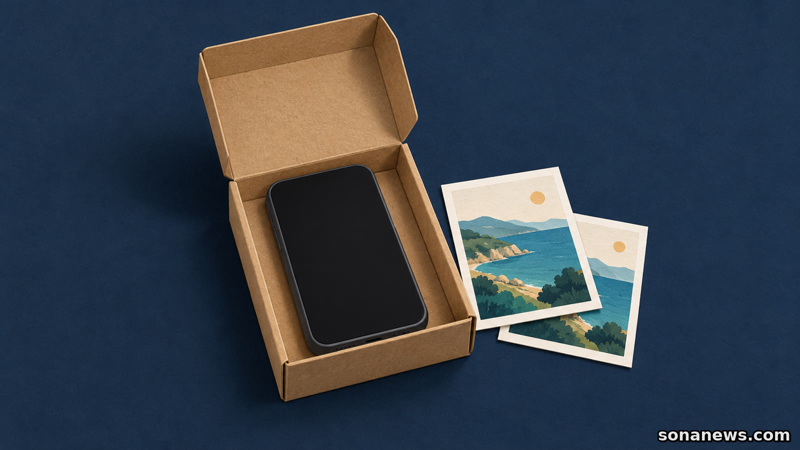 Illustration d’un téléphone dans une boîte de cession ouverte, avec des tirages de paysages conservés à côté pour évoquer les photos iCloud.