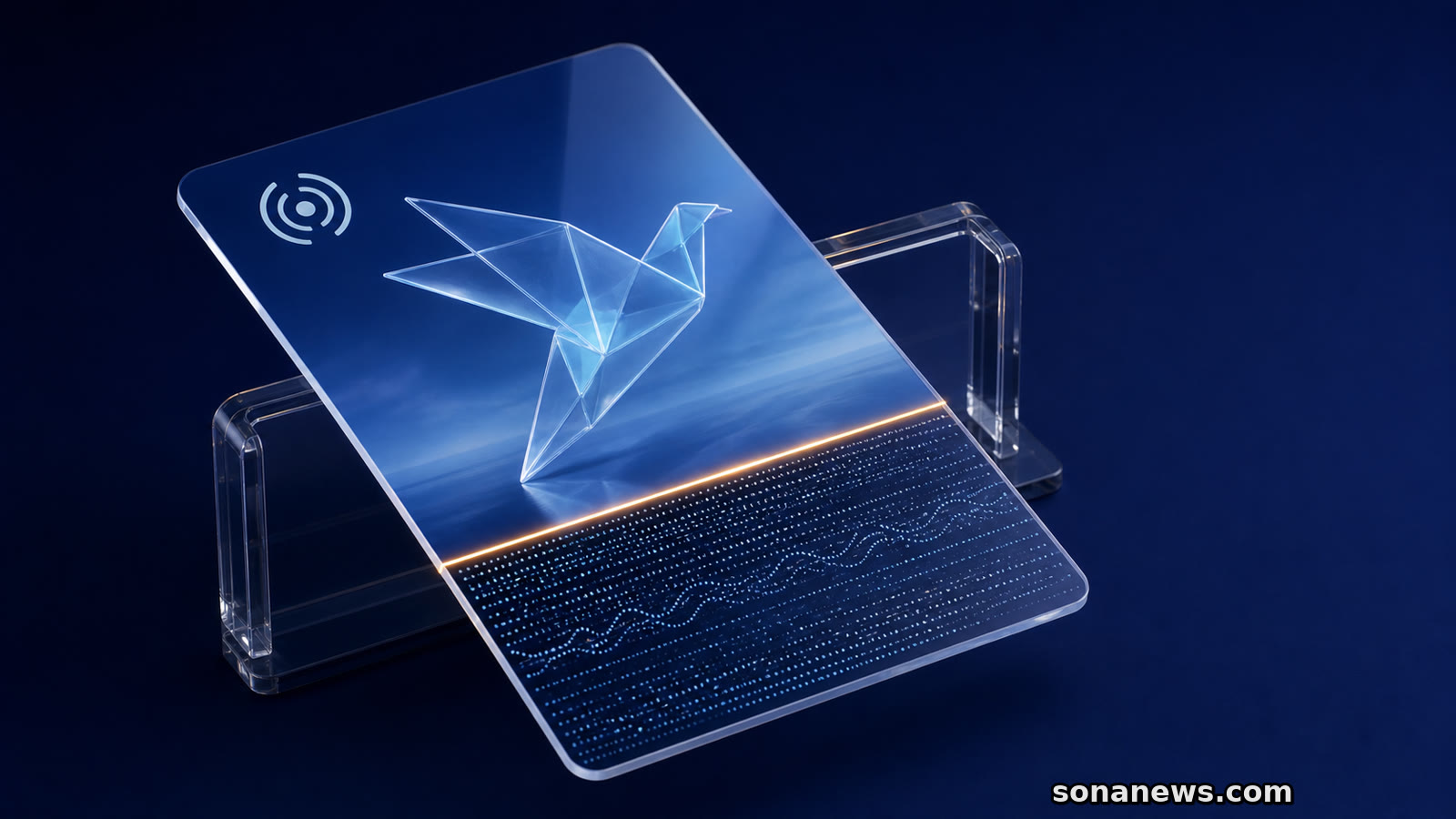 Carte média synthétique inspectée, avec marqueur visible et trame de métadonnées révélée sous sa surface.