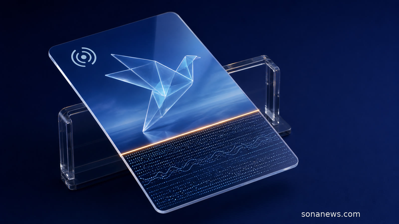 Carte média synthétique inspectée, avec marqueur visible et trame de métadonnées révélée sous sa surface.