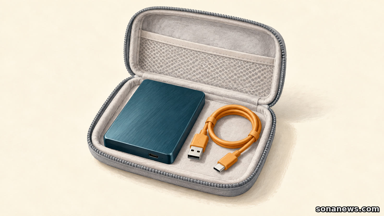 Illustration d’un disque externe de sauvegarde dans un étui ouvert, avec son câble USB débranché posé à côté du boîtier.