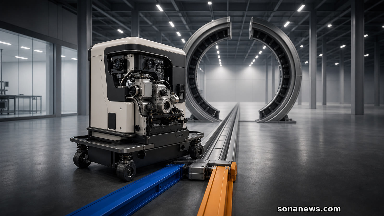 Un prototype deep tech attend entre un laboratoire et une usine, sur deux rails convergeant vers un portique incomplet.