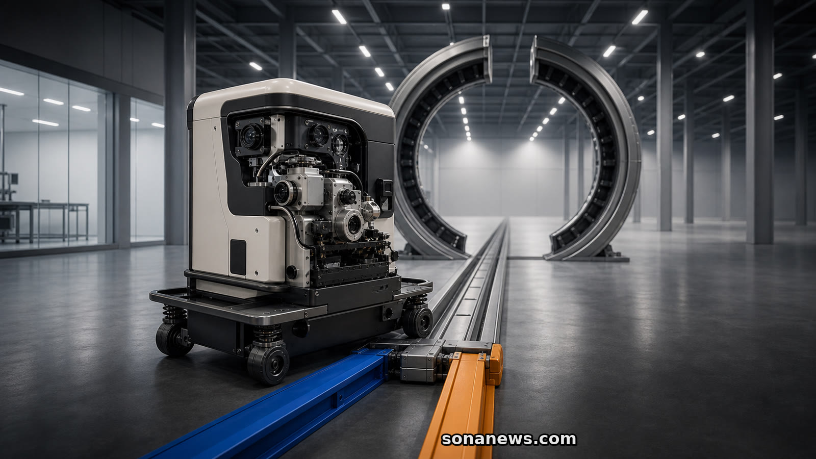 Un prototype deep tech attend entre un laboratoire et une usine, sur deux rails convergeant vers un portique incomplet.