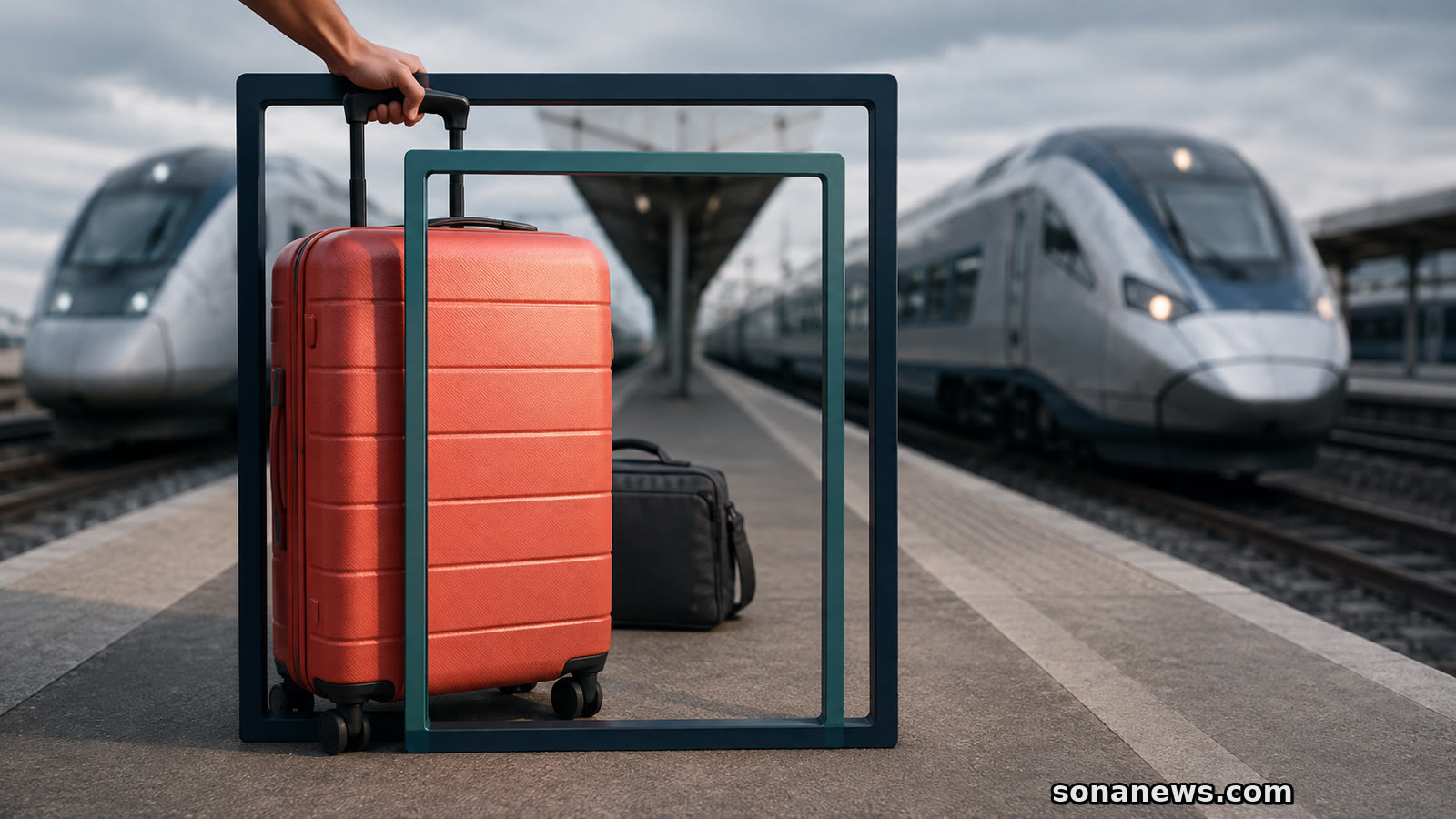 Une valise corail comparée à deux cadres de tailles différentes devant deux trains illustre les règles de bagages.