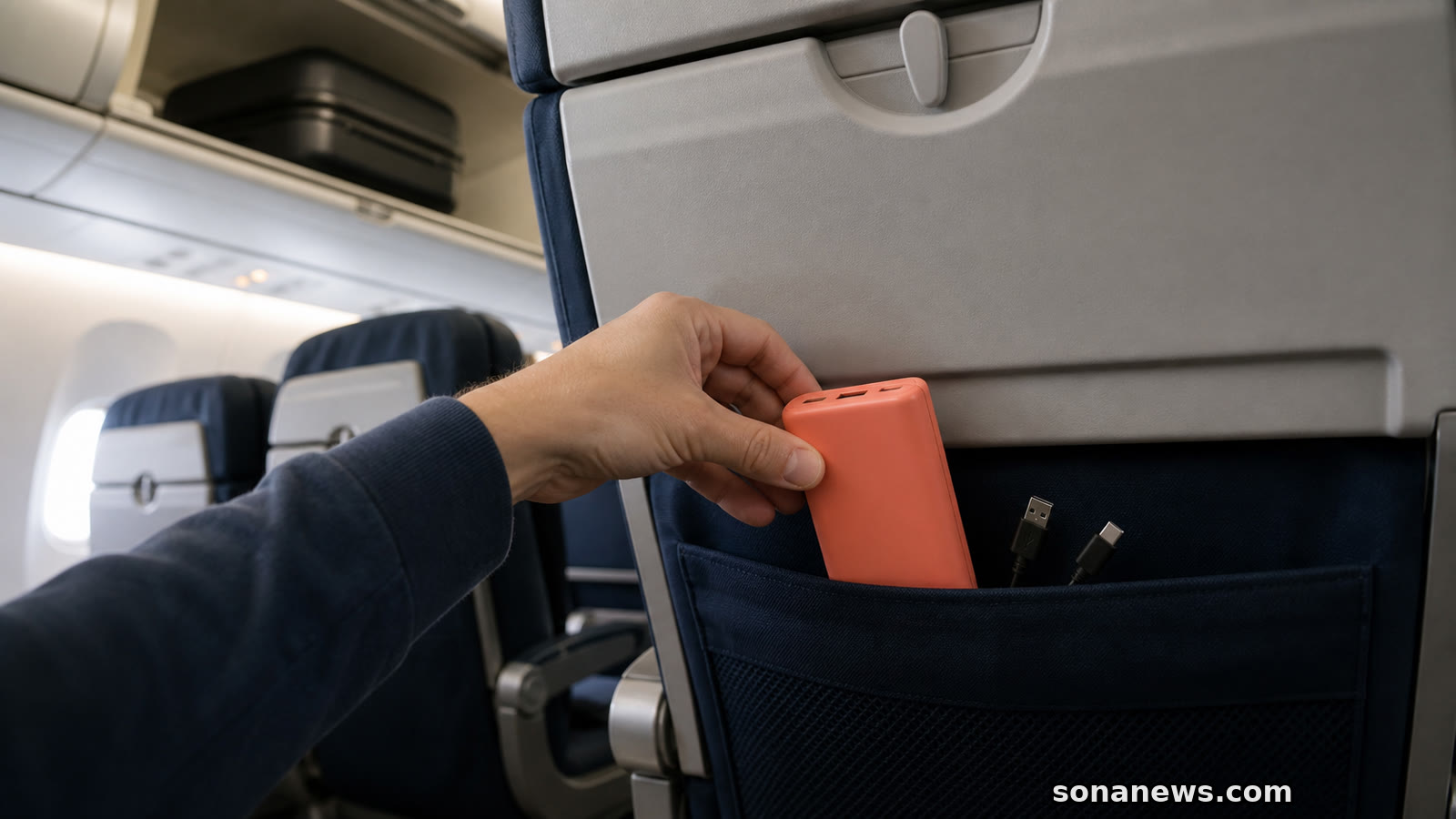 Une batterie externe corail, débranchée, est rangée dans la poche d’un siège d’avion sous un bagage cabine.
