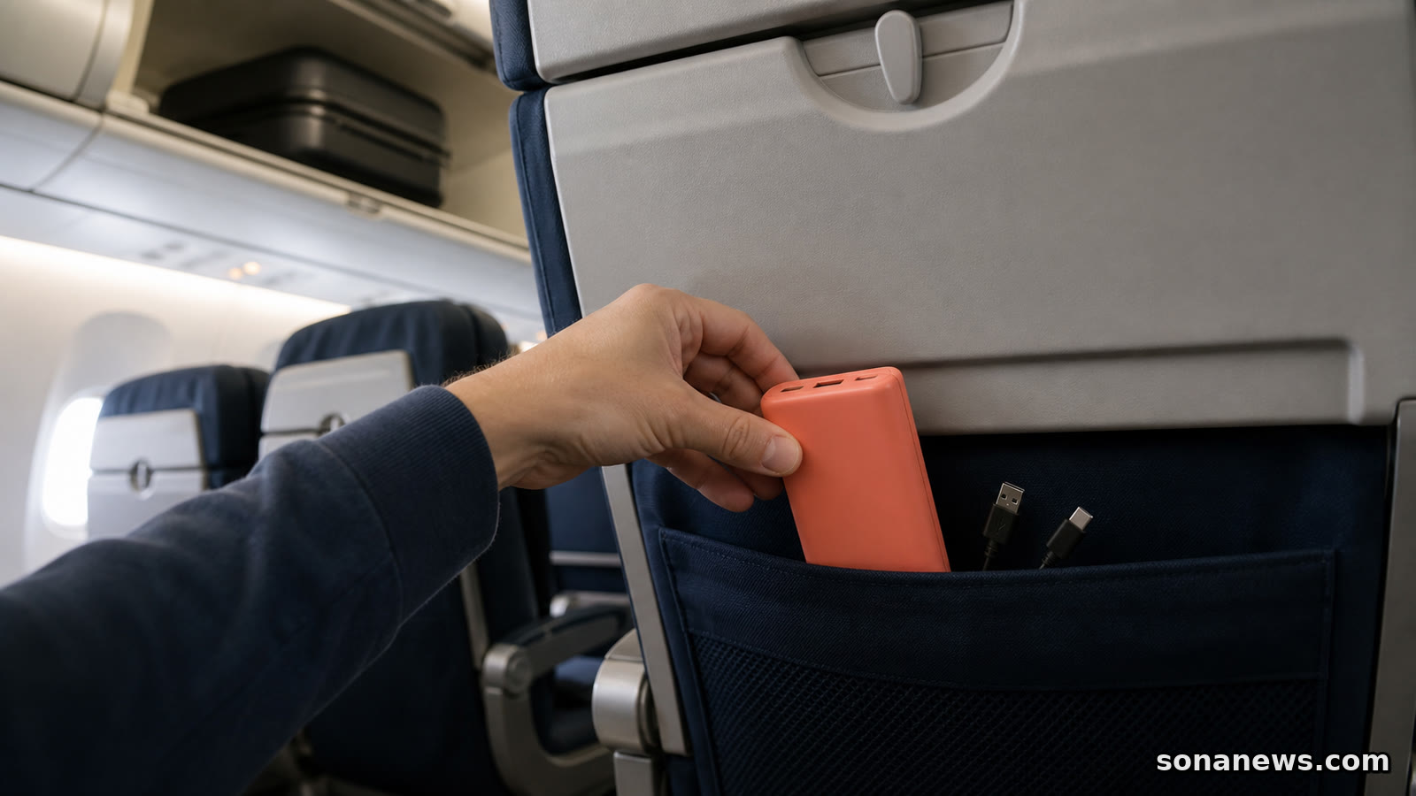 Une batterie externe corail, débranchée, est rangée dans la poche d’un siège d’avion sous un bagage cabine.