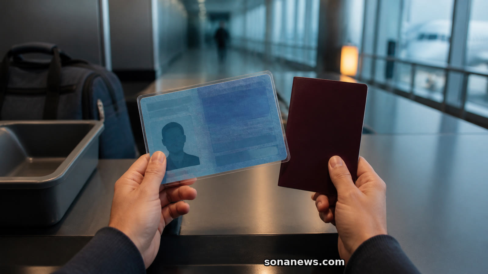 Deux mains comparent une ancienne carte d’identité bleue et un passeport bordeaux devant un comptoir d’aéroport.