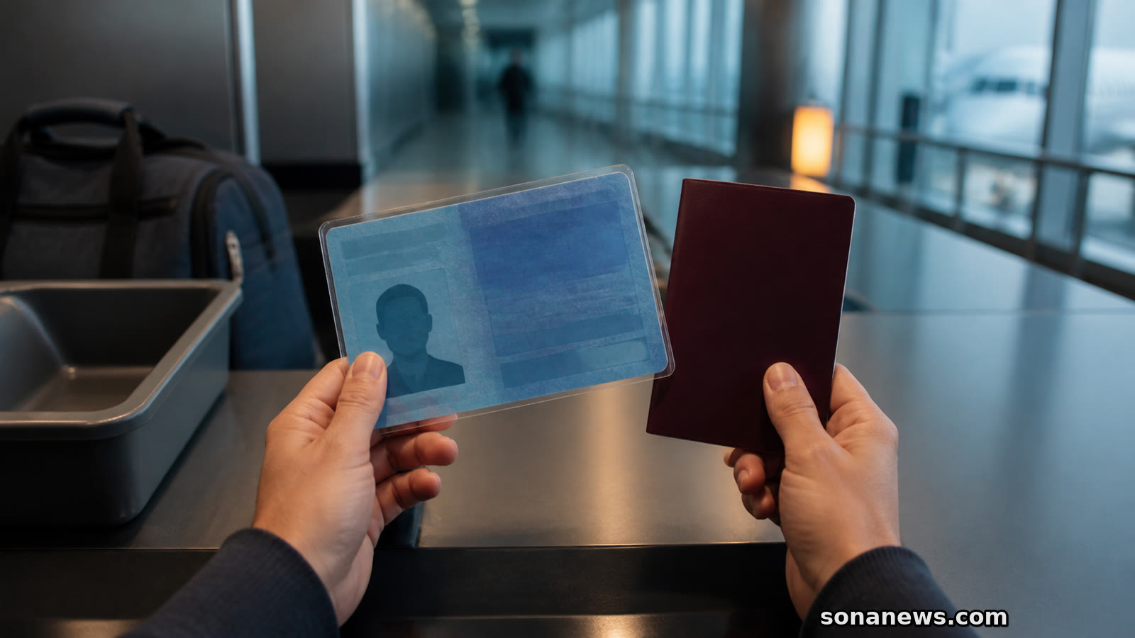 Deux mains comparent une ancienne carte d’identité bleue et un passeport bordeaux devant un comptoir d’aéroport.