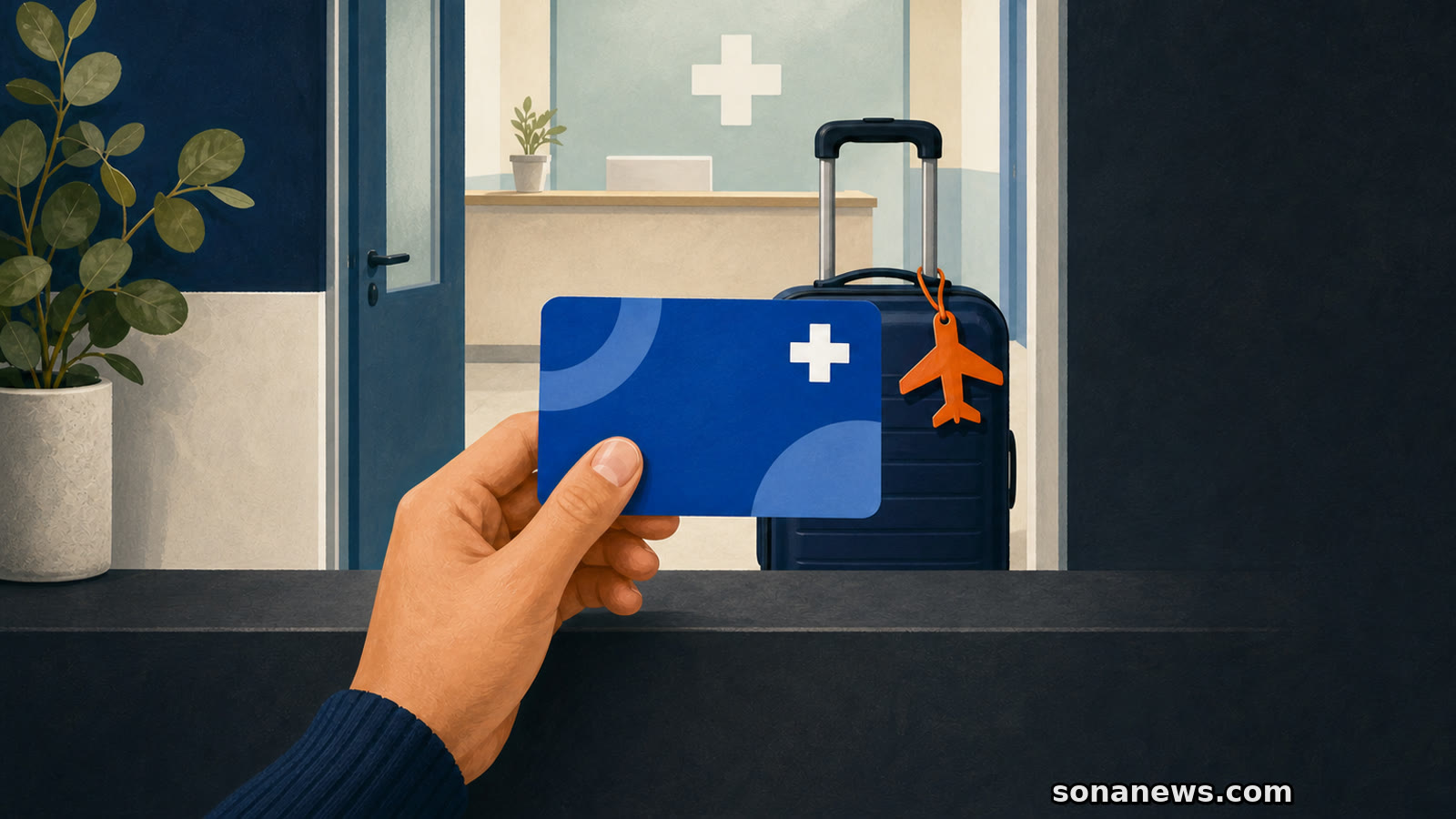 Une carte européenne d’assurance maladie symbolique présentée au comptoir d’une clinique, avec une valise et une étiquette d’avion.