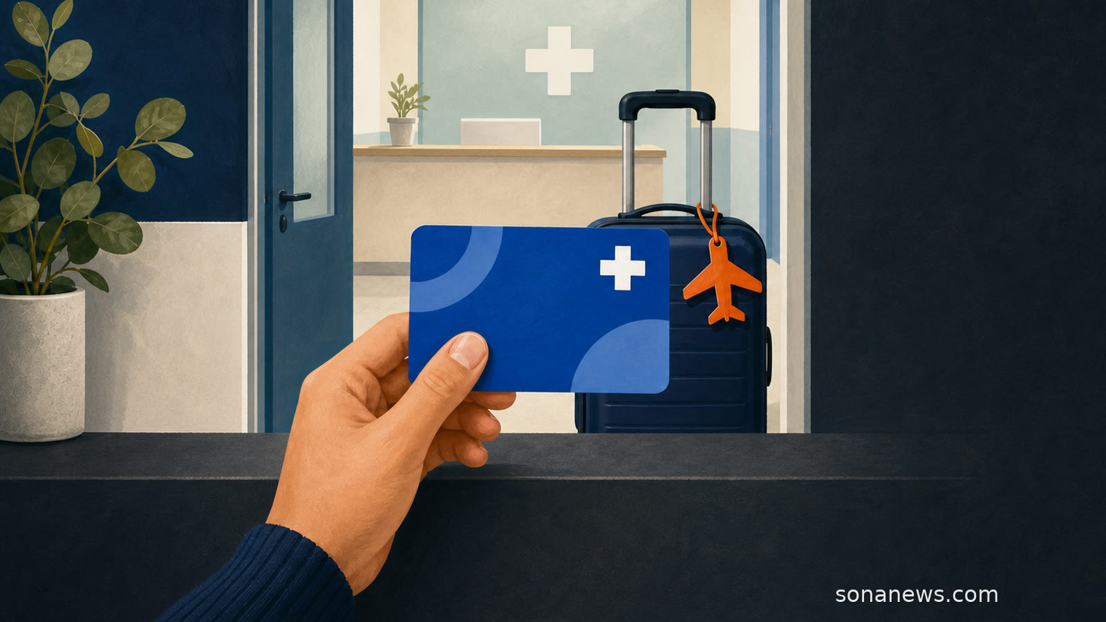 Une carte européenne d’assurance maladie symbolique présentée au comptoir d’une clinique, avec une valise et une étiquette d’avion.