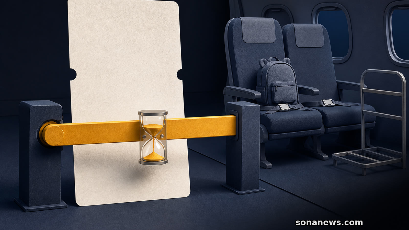 Une carte d’embarquement reste bloquée par un sablier devant des sièges d’avion et un gabarit de bagage.