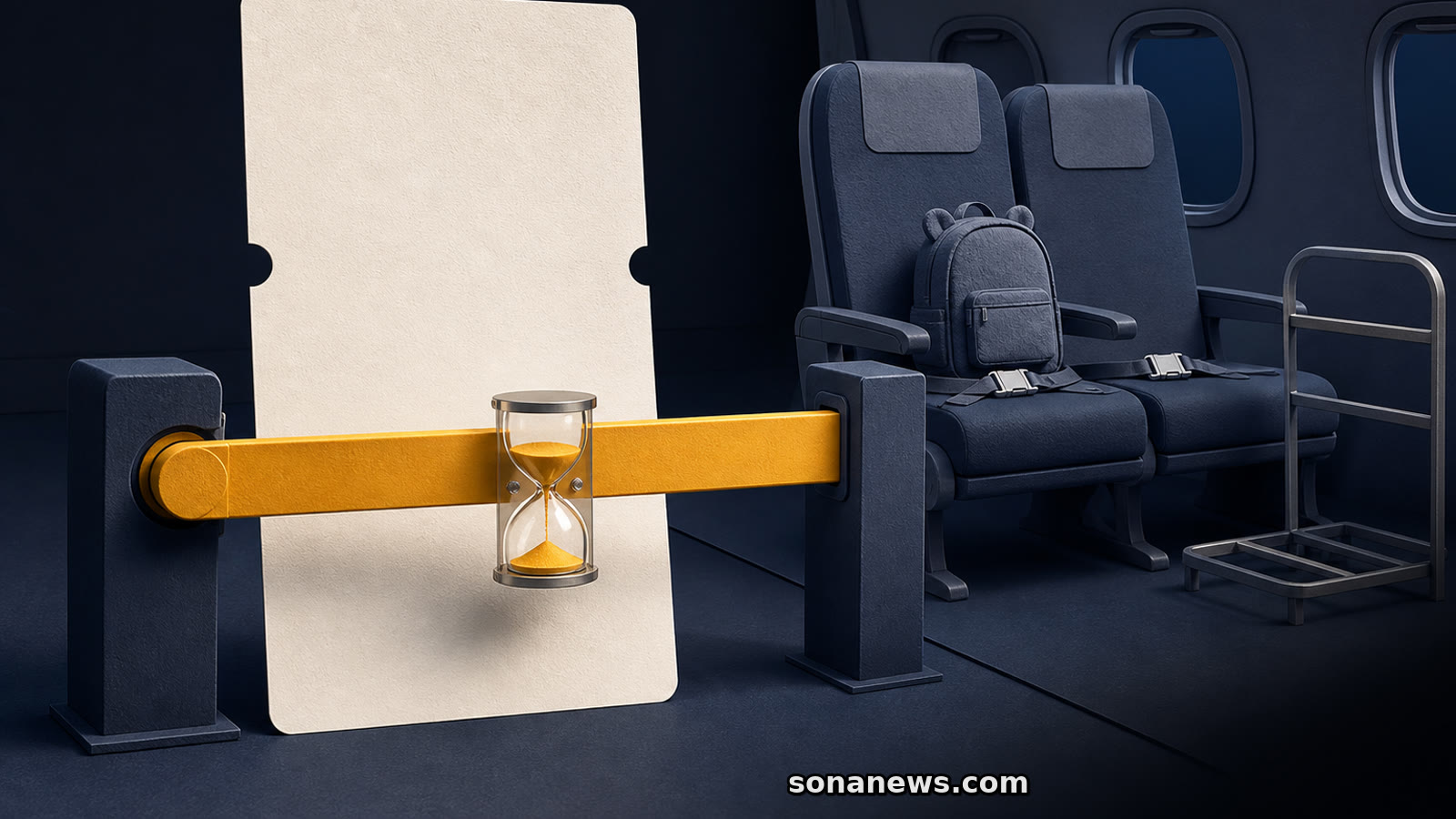 Une carte d’embarquement reste bloquée par un sablier devant des sièges d’avion et un gabarit de bagage.