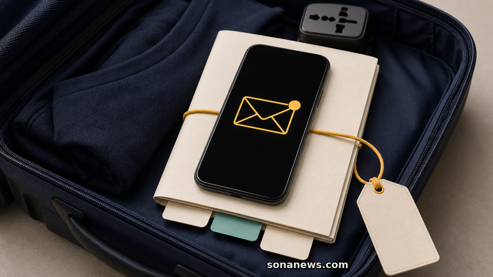Un téléphone avec une alerte Fil d’Ariane repose sur un itinéraire vierge dans une valise, relié à une étiquette de contact.