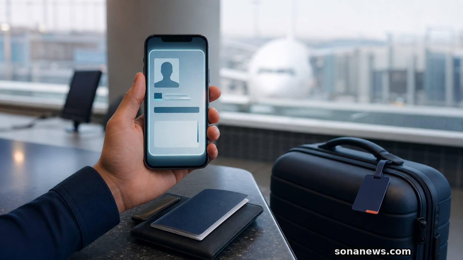 Smartphone présentant une identité numérique au comptoir d’embarquement, avec passeport physique encore visible dans un portefeuille de voyage.