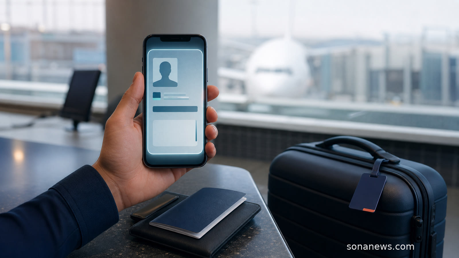 Smartphone présentant une identité numérique au comptoir d’embarquement, avec passeport physique encore visible dans un portefeuille de voyage.